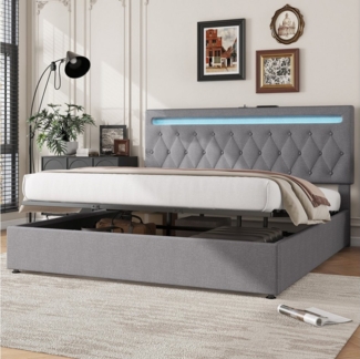 Flieks Polsterbett, LED Hydraulisches Doppelbett 180x200cm mit Ladefunktion und Stauraum