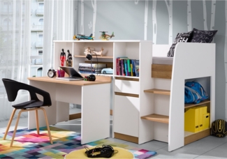 Marmex Möbel SINCO Mezzaninbett, Bett mit Schreibtisch, Hochbett für Kinderzimmer, Jugendzimmer, Kinderbett, Jugendbett, Funktionskinderbett, Lattenrost, laminierte Spanplatte, weiß + riviera Eiche, 205x128x117,5 cm