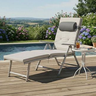 SONGMICS Sonnenliege, Liegestuhl klappbar, abnehmbares Kopfkissen, atmungsaktiv, einstellbare Rückenlehne, beige