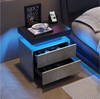 Sweiko Nachttisch Nachtkommode Sofatisch mit LED-Beleuchtung (Nachttische mit 2 Schubladen,Couchtisch,Lichter Modernes Ende Seite, für Schlafzimmer, Esszimmer, Büro, Spielzimmer), Grau+Schwarz,49*35*52(L*W*H)cm