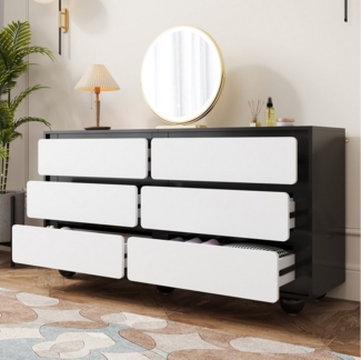 MODFU Sideboard Aufbewahrungskommode mit 6 geräumigen Schubladen (140 L x 38 W x 74,5 H (inch), 1 St, Schwarz-Weiß-Design), mit abgerundeten Metallfüßen
