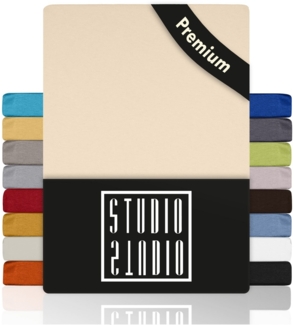 STUDIO Spannbettlaken Classic, viele Größen, 100% Baumwolle, made in GREEN / EU, Jersey Baumwolle, Gummizug: rundum, 90x200-100x200 cm Bettlaken Spannbetttuch bis 25 cm Höhe - creme
