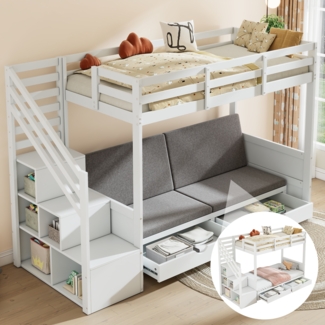 Merax Etagenbett Kinderbett 90x200 cm mit vestellbarem Sofa 2 Schubladen Stauraumtreppe, weiß