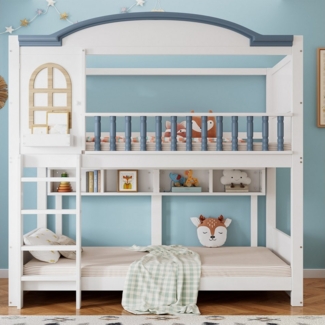 Flieks Etagenbett, Kinderbett Tür-Offnen-Design 90x200cm mit Leiter und Offenes Regal
