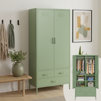 skølm 'Atria' Kleiderschrank mit 3 Schubladen, Metall, 170x45x80 cm, grün, Garderobe mit 4 Fächern und 2 Kleiderstangen