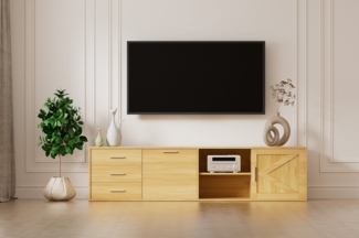 HOMAVO Lowboard TVG1-L, 180 cm, 4 Fächer, ohne Füße, E1 Holzdekor, FSC® zertifiziert, ohne Füße, Schiebetür mit Dekorleiste