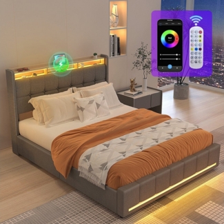 oyajia Polsterbett LED Doppelbett 140x200 cm mit 4 Schubkästen und Kopfteil, Ladefunktion (Mit Lattenrost und Ladefunktion, Leinenmaterial Polsterbett), Leises Design Bett, 4 Ausziehbare Schubladen,Modernes Jugendbett