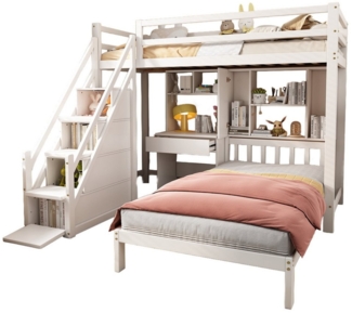 Merax Etagenbett 90x200cm mit Schreibtisch und Regale, Kinderbett mit Stauraumtreppe und für 2 Kinder, Kieferholz