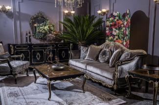 Casa Padrino Luxus Barock Wohnzimmer Set Silber / Schwarz / Gold - 2 Barock Sofas & 2 Barock Sessel & 1 Barock Couchtisch - Wohnzimmer Möbel im Barockstil - Barock Möbel - Barock Einrichtung