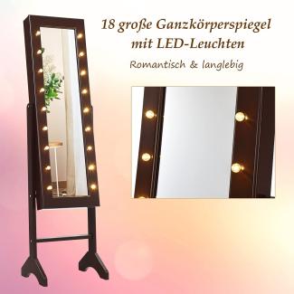 COSTWAY 18 LED-Schmuckschrank neigungsverstellbar, Schmuckregal mit Ganzkoerperspiegel und kleinem Schminkspiegel, Schmuck Spiegelschrank für Makeup Braun