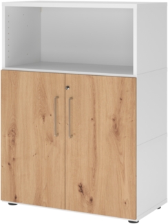 bümö flexi Aktenschrank abschließbar mit Flügeltüren & 1 Regalfach in Weiß/Asteiche, Büroschrank mit werkzeuglosem Schnellmontage-Klicksysten in modularer Bauweise, FW38T2KG-W-R-BS