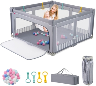 150 x 150 cm Laufstall Baby faltbar Laufgitter mit 50 Bälle 4 Griffe &Reißverschlusstor Hellgrau