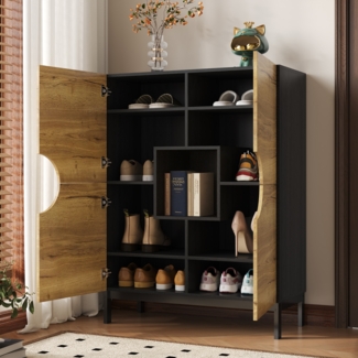 Merax Schuhschrank und Vitrine 2 in 1 mit verstellbaren Einlegeböden, Massivholzbeinen, Schuhschrank 40 cm breit, Holzfarbe