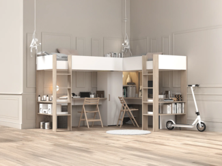 Vente-unique - Doppel-Eckhochbett mit Stauraum & Schreibtisch + Matratze - 2 x 90 x 200 cm - Weiß & Holzfarben - LASCANO