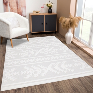 Teppich Wohnzimmer - Creme 240x340cm - Ethno Optik - Boho Teppiche für Balkon Terrasse Garten - Hochtief 3D Effekt - Indoor Outdoor Schlafzimmer Esszimmer