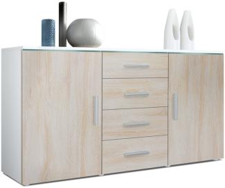 Sideboard Kommode Faro, Korpus in Weiß matt / Front in Eiche sägerau (139 x 72 x 35)