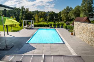 PP-Pool mit Skimmer | 8,40 x 3,70 x 1,50 m Blau Treppe über gesamte Poolbreite