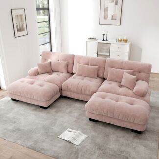 Sofa modular 5‑teilig Hocker inkl, Chenille Rosa, großes, flexibles Wohnsofa – cloudähnlicher Sitzkomfort