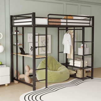 Merax Hochbett mit Leiter 90*200cm , Einzelbett Kinderbett mit Tisch mit einfacher Aufhängung mit Ablagefächern, Schwarz