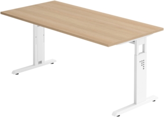 bümö höhenverstellbarer Schreibtisch O-Serie 160x80 cm in Eiche, Gestell in weiß - PC Tisch für's Büro manuell höhenverstellbar, Computertisch verstellbar, OS-16-E-W