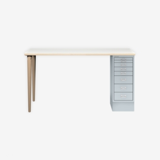 MultiDesk, 2 Eichenfüße, 1 MultiDrawer mit 8 Schüben, Dekor Plywood, Farbe Lichtgrau, Maße: H 740 x B 1400 x T 600 mm