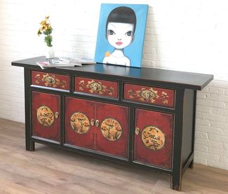 Vintage Sideboard Rot Schwarz Beige Kommode chinesisch Kolonial-Stil Antik-Stil Lowboard Schrank asiatisch orientalisch Fernost shabby-chic Landhaus