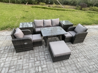 Fimous Hoher Rücken Rattan Gartenmöbel Sets mit Rechteckiger Esstisch Liegestühle 3-Sitzer Sofa 3 Hockern 2 Beistelltischen 8-Sitzer