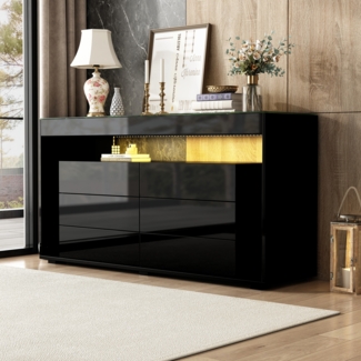 OKWISH Sideboard LED-Hochglanz-Kommode (Wohnzimmerschrank, Organisator, Anrichte, 1 St, doppellagiges Design), mit 6 großen Schubladen, Platte aus gehärtetem Glas
