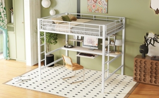 REDOM Bett Eisenbett, Bettgestell Metallbett, Hochbett mit Schreibtisch (Metallbett mit Schreibtisch & 2 Regalen, für Kinder, 140x200 cm), Ohne Matratze