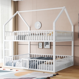 Metall-Etagenbett Hausform für Kinder & Jugendliche – Doppelbett mit Leiter,Sicherheitsgeländer & Tür,140x200 cm,Weiß