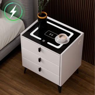 LETGOSPT Nachttisch Nachttisch mit LED,Wireless Charger & 3 Schubladen,Modern Nachtschrank (Einzelmöbel mit Licht, Ladefunktion und Stauraum für Schlafzimmer, 1x Nachttisch mit 3 Schubladen, LED-Beleuchtung und Glasplatte), LED-Licht in 3 Farben,kabell...