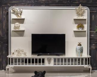 Casa Padrino Luxus Barock TV Schrank Weiß / Silber - Prunkvolles Wohnzimmer Sideboard mit Rückwand - Barock Wohnzimmer Möbel