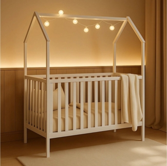 Alavya Home® Babybett ELLA 60x120 cm aus Massivholz Kiefer Weiß – Höhenverstellbar, Hausoptik, mit Schlupfsprossen & optionaler Schublade und Matratze