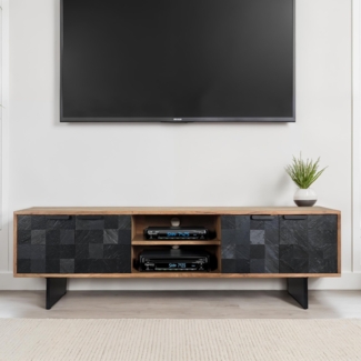 FineBuy Lowboard Akazie Massivholz 150 cm, TV Board mit Steinoptik Fronten & Metallgestell, Fernsehtisch modern mit Stauraum & Kabeldurchführung, TV Schrank Design Industrial für Wohnzimmer