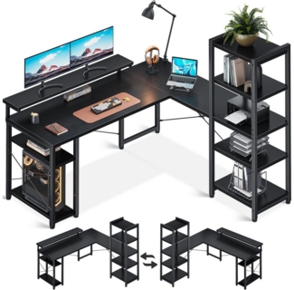 ODK Gamingtisch ODK L Form Gaming Tisch mit Regal, Steckdosen&USB, 155×140cm