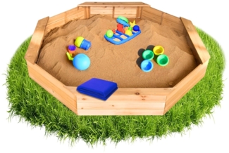 Coemo 6-eckiger Sandkasten Larry L Holz inkl. Bodenplane & Abdeckplane 177x177x23 cm