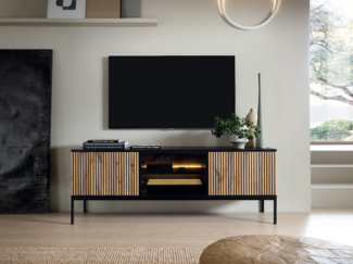 Vente-unique - TV-Möbel - 3 Türen - mit LED-Beleuchtung - MDF & Rauchglas - Schwarz & Holzfarben - OVILA