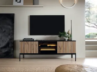 Vente-unique - OVILA TV unit Holz, PlatteGlas SchwarzBeige - B 39 cm x H 56,2 cm x L 153,4 cm