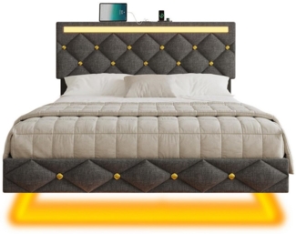MSMASK Polsterbett Polsterbett mit USB-Aufladen und LED-Beleuchtung, Grauem Leinen