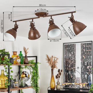 »Orroli« Deckenlampe aus Metall in Rostbraun/Weiß, 4-flammig, mit verstellbaren Lampenschirmen und Lampenarmen, 4 x E14-Fassung, 40 Watt, Retro-Design