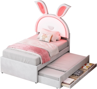 ComfortXL Kinderbett Polsterbett mit LED-O1227, Holz halbmassiv, Beige, 200x90x137cm