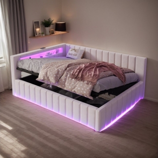 REDOM Polsterbett Schlafsofa Kinderbett Funktionsbett (mit hydraulischem Stauraum, LED-Beleuchtung & USB-Anschluss – Gepolstertes, 140x200 cm), Ohne Matratze