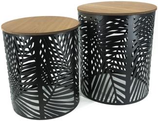 Deko Metalltonne Blätter 2er Set schwarz mit MDF Platte natur 39x45cm und 35x40cm