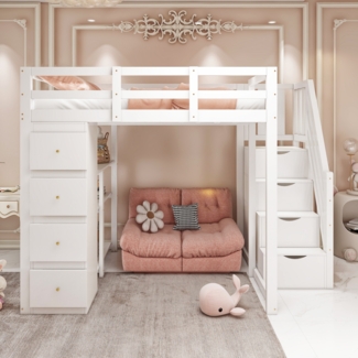 Hochbett mit Schreibtisch und Stauraum 140x200 Weiß Kiefer Massivholz Etagenbett Kinderbett Jugendbett mit Schubladen Regal Sicherheitsleiter Lattenrost 120kg Belastbar Raumoptimierung