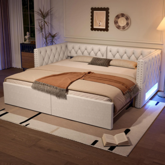 Schlafsofa mit Bettfunktion und LED-Beleuchtung 90x200cm/180x200cm, Polsterbett, Jugendbett, Chesterfield, Leinenbezug