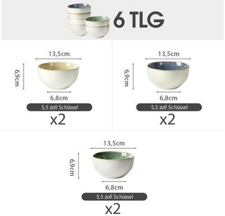 JIWOO Salatschüssel 4er Ø13.5cm, Müslischüssel Suppenschüssel Dessertschale Obstschale, Keramik, (Schüsselset, 6-tlg), Hochwertiges Schüsseln Bunt Mikrowellen und spülmaschinenfest Ø13,5cm