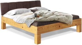 Möbel-Eins CURBY 4-Fuß-Bett mit Polster-Kopfteil, Material Massivholz, rustikale Altholzoptik, Fichte natur 90 x 200 cm Standardhöhe Stoff Braun mit Steppung