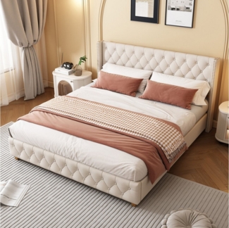 Flieks Polsterbett, Massivholz Doppelbett 160x200cm mit Lattenrost und Polster-Kopfteil