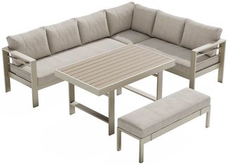 MeXo Gartenlounge-Set XXL Gartenmöbel Set Aluminium für 6-8 Personen, (Dining Loungeset Outdoor, 5-tlg, mit 12 cm dicken Sitzkissen, pflegeleichte Polywood-Tischplatte), wetterfeste Ecklounge mit Esstisch