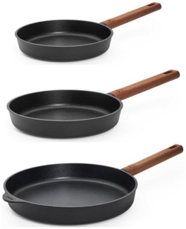 WOLL MADE IN GERMANY Pfannen-Set ECO Logic QXR, Induktion, mit festem Holzstiel (PFAS-FREE), Aluminiumguss (Set, 3-tlg, Flachpfanne 20 + 24 + 28cm), Induktionsgeeignet